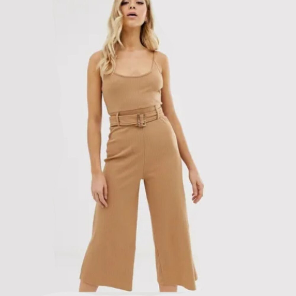 Missguided Ribbed Cami Culotte Wide Leg Jumpsuit with Belted Waist